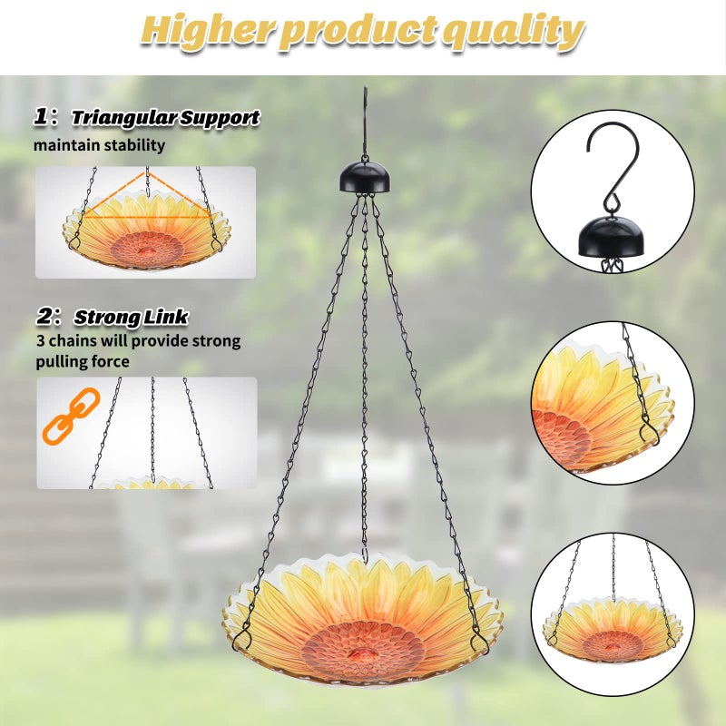 MUMTOP Hanging Bird Bath Outdoor, Sunflower Glass BirdBaths & Birdfeeder with Water Ripple Rim 11 Inch for Garden Yard Patio Decor - Image 3